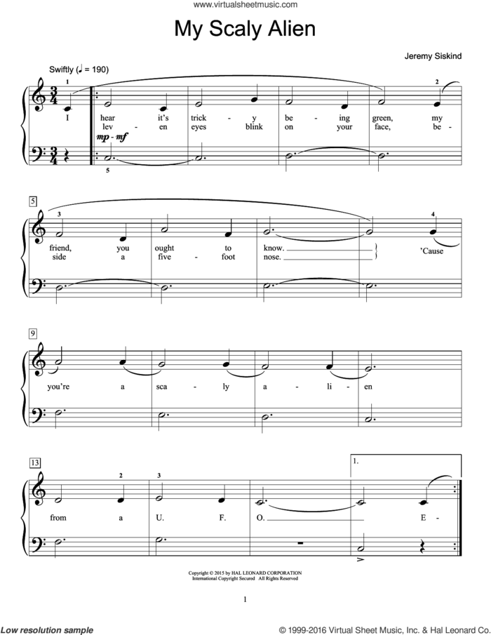 My Scaly Alien sheet music for piano solo (elementary) by Jeremy Siskind, beginner piano (elementary)