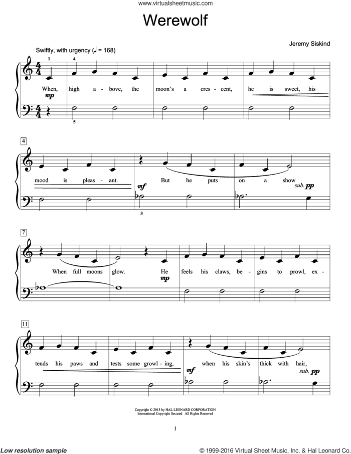 Werewolf sheet music for piano solo (elementary) by Jeremy Siskind, beginner piano (elementary)