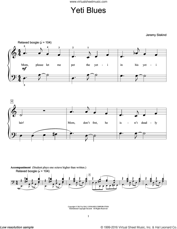 Yeti Blues sheet music for piano solo (elementary) by Jeremy Siskind, beginner piano (elementary)