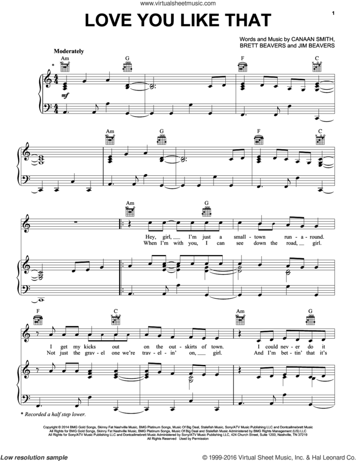 Love You Like That sheet music for voice, piano or guitar by Canaan Smith, Brett Beavers and Jim Beavers, intermediate skill level