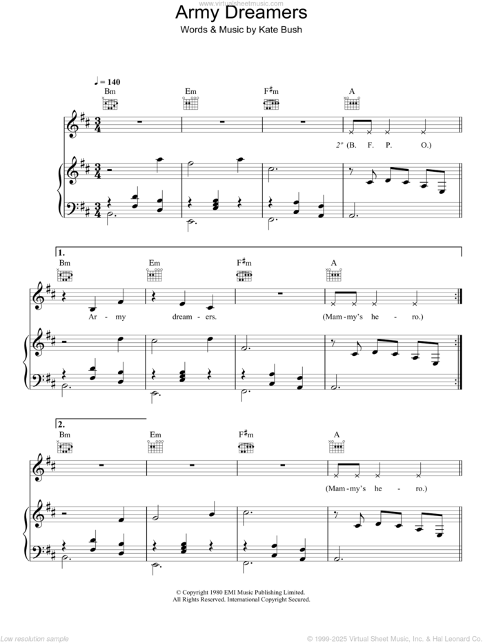 Army Dreamers sheet music for voice, piano or guitar by Kate Bush, intermediate skill level