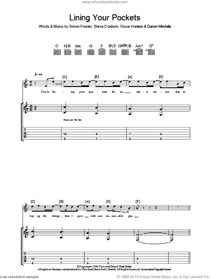 Lining Your Pockets sheet music for guitar (tablature) by Ocean Colour Scene, Damon Minchella, Oscar Harrison, Simon Fowler and Steve Cradock, intermediate skill level
