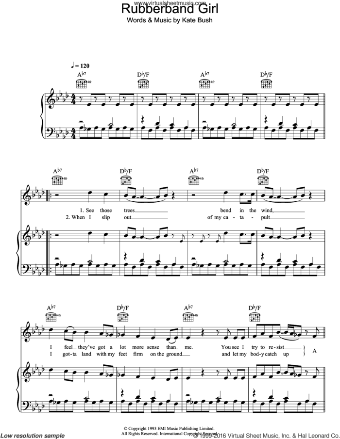Rubberband Girl sheet music for voice, piano or guitar by Kate Bush, intermediate skill level
