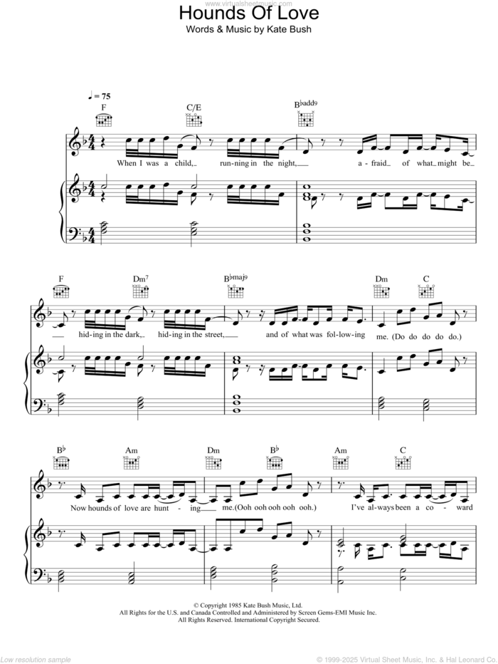 Hounds Of Love sheet music for voice, piano or guitar by Kate Bush, intermediate skill level