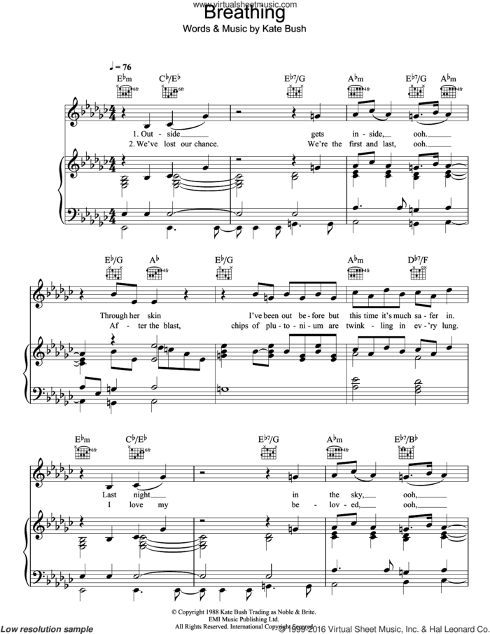 Breathing sheet music for voice, piano or guitar by Kate Bush, intermediate skill level