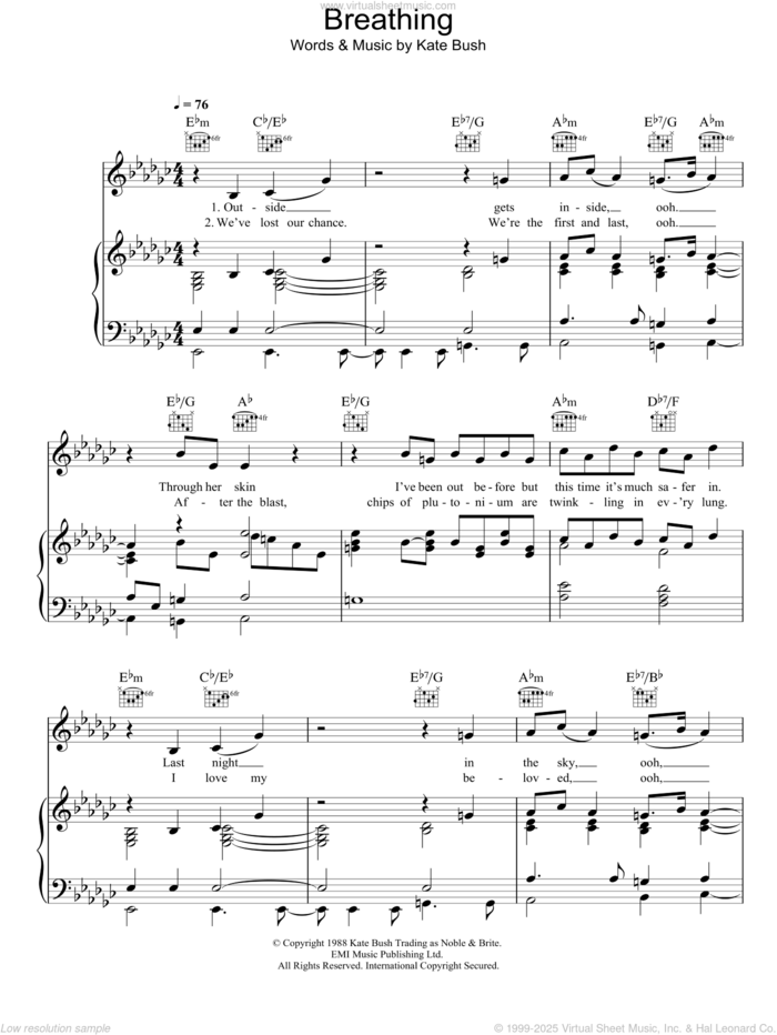 Breathing sheet music for voice, piano or guitar by Kate Bush, intermediate skill level