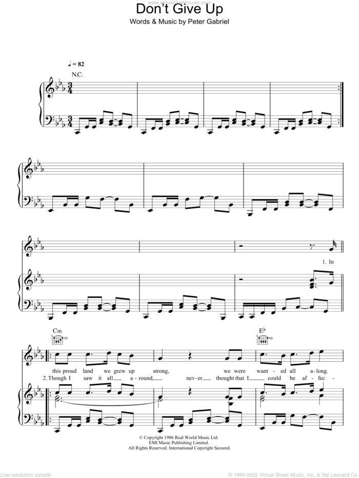 Don't Give Up (feat. Kate Bush) sheet music for voice, piano or guitar by Peter Gabriel and Kate Bush, intermediate skill level