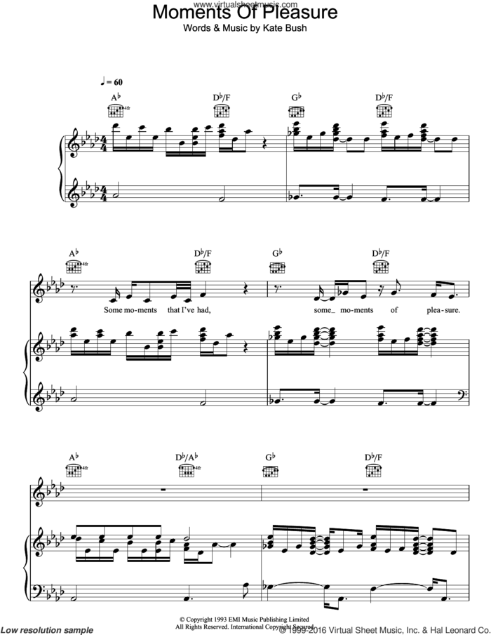 Moments Of Pleasure sheet music for voice, piano or guitar by Kate Bush, intermediate skill level