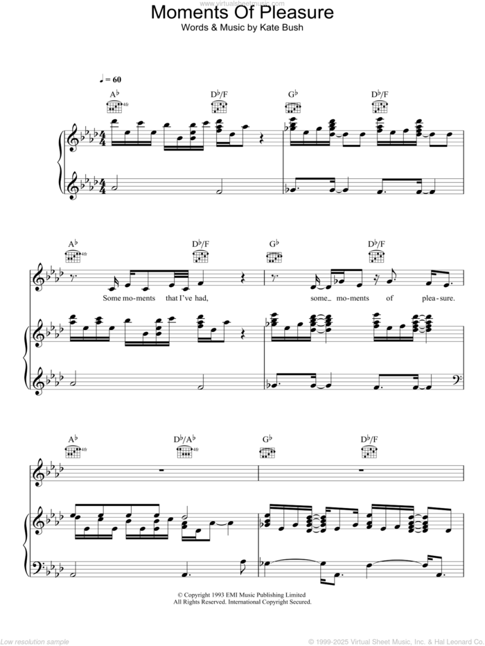 Moments Of Pleasure sheet music for voice, piano or guitar by Kate Bush, intermediate skill level