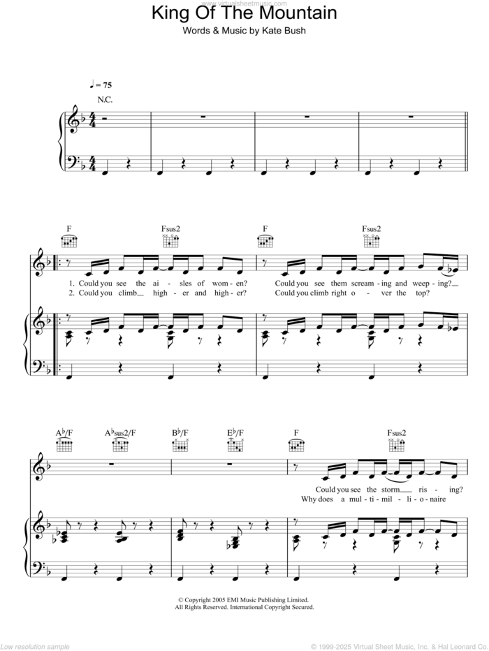 King Of The Mountain sheet music for voice, piano or guitar by Kate Bush, intermediate skill level