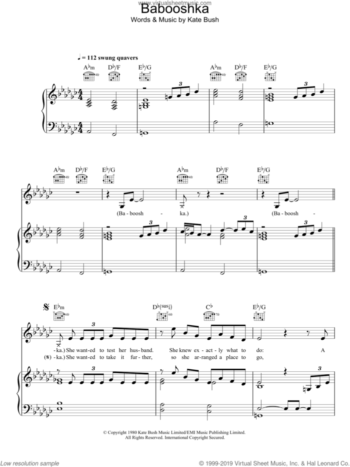 Babooshka sheet music for voice, piano or guitar by Kate Bush, intermediate skill level