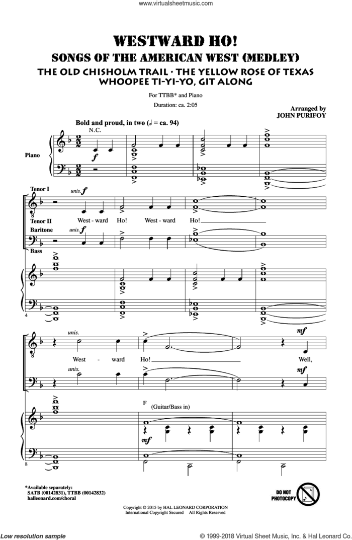 Westward Ho! Songs of the American West (Medley) sheet music for choir (TTBB: tenor, bass) by John Purifoy, intermediate skill level