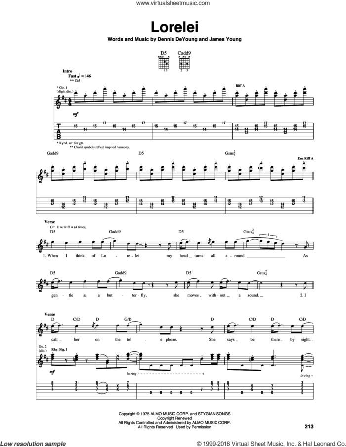 Lorelei sheet music for guitar (tablature) by Styx, Dennis DeYoung and James Young, intermediate skill level