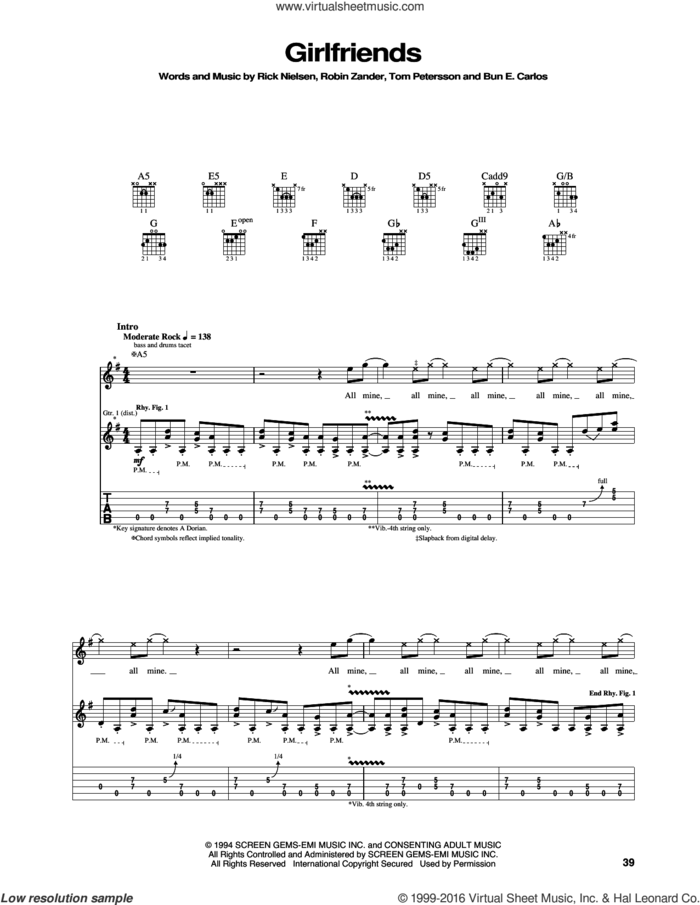 Girlfriends sheet music for guitar (tablature) by Cheap Trick, Rick Nielsen, Robin Zander and Tom Petersson, intermediate skill level