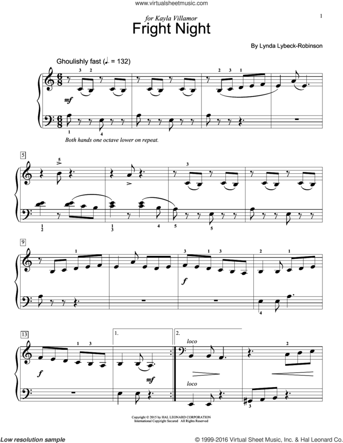 Fright Night sheet music for piano solo (elementary) by Lynda Lybeck-Robinson, beginner piano (elementary)
