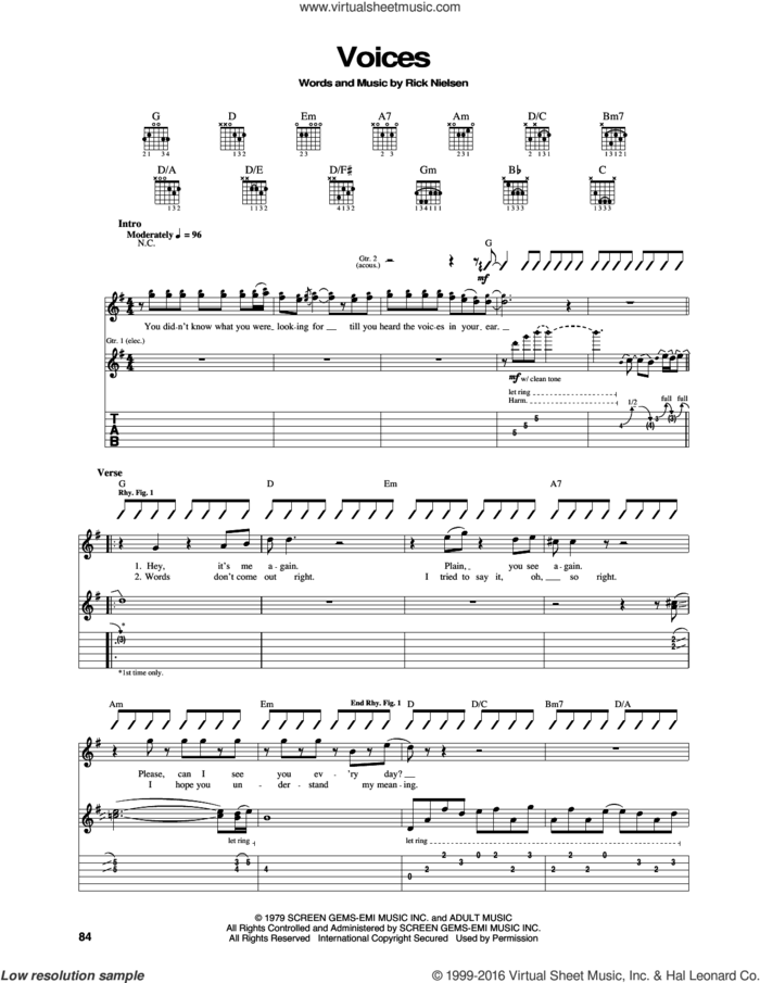 Voices sheet music for guitar (tablature) by Cheap Trick and Rick Nielsen, intermediate skill level