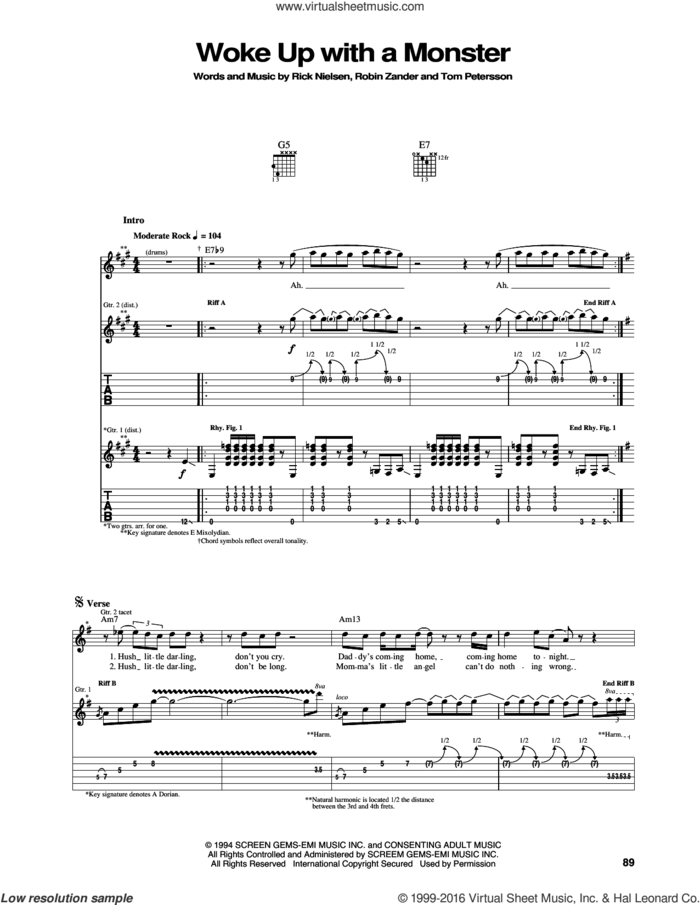 Woke Up With A Monster sheet music for guitar (tablature) by Cheap Trick, Rick Nielsen, Robin Zander and Tom Petersson, intermediate skill level