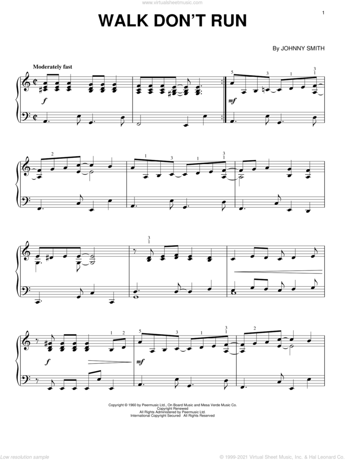 Walk Don't Run sheet music for piano solo by The Ventures and Johnny Smith, intermediate skill level