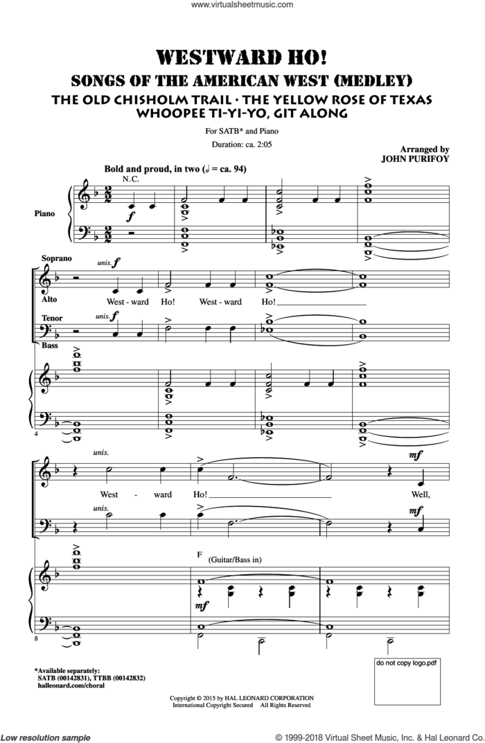 Westward Ho! Songs of the American West (Medley) sheet music for choir (SATB: soprano, alto, tenor, bass) by John Purifoy, intermediate skill level
