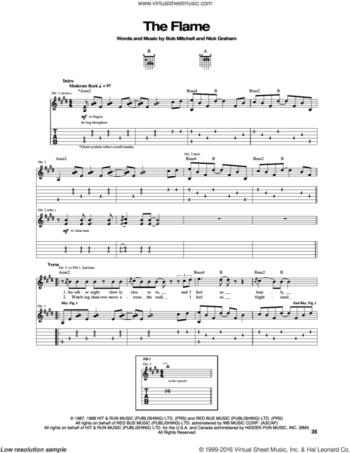 The Flame sheet music for guitar (tablature) by Cheap Trick, Bob Mitchell and Nick Graham, intermediate skill level