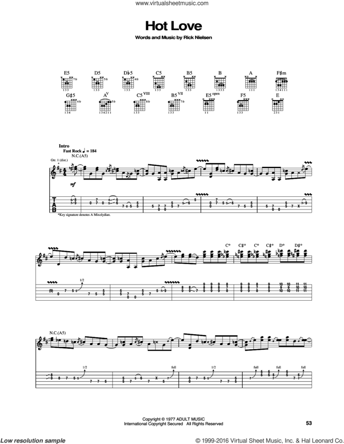 Hot Love sheet music for guitar (tablature) by Cheap Trick and Rick Nielsen, intermediate skill level