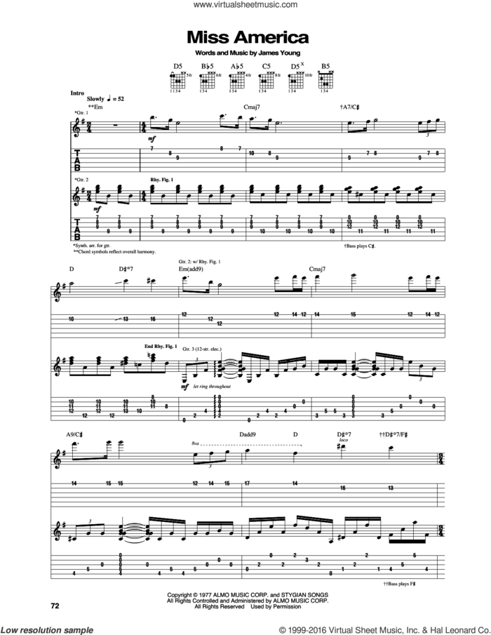 Miss America sheet music for guitar (tablature) by Styx and James Young, intermediate skill level