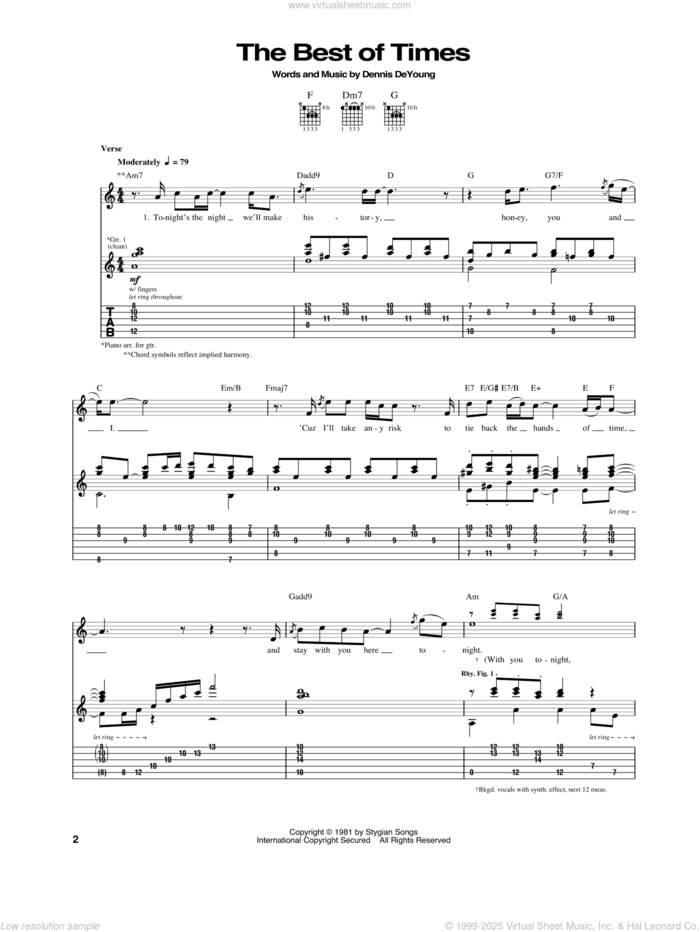 The Best Of Times sheet music for guitar (tablature) by Styx and Dennis DeYoung, intermediate skill level