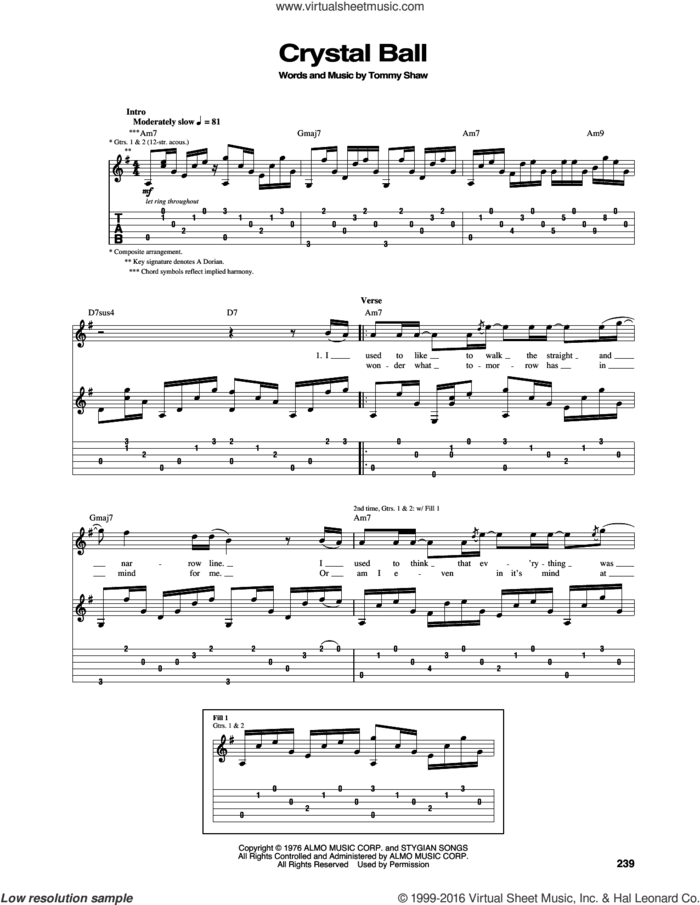Crystal Ball sheet music for guitar (tablature) by Styx and Tommy Shaw, intermediate skill level