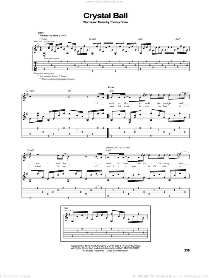 Crystal Ball sheet music for guitar (tablature) by Styx and Tommy Shaw, intermediate skill level