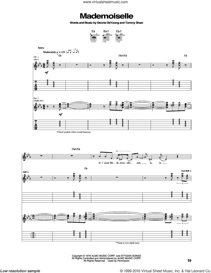 Mademoiselle sheet music for guitar (tablature) by Styx, Dennis DeYoung and Tommy Shaw, intermediate skill level