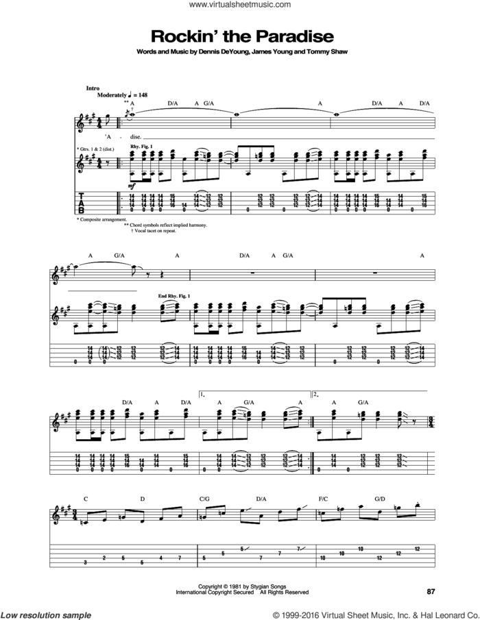 Rockin' The Paradise sheet music for guitar (tablature) by Styx, Dennis DeYoung, James Young and Tommy Shaw, intermediate skill level