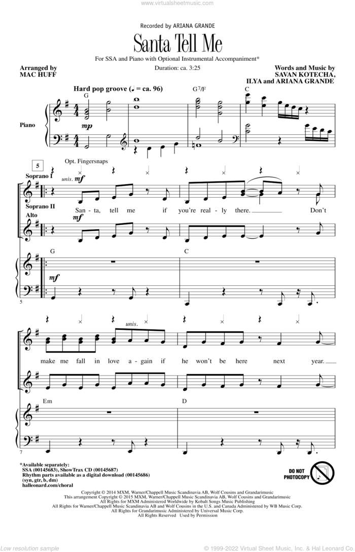 Santa Tell Me (Arr. Mac Huff) sheet music for choir (SSA: soprano, alto) by Ariana Grande, Mac Huff, Ilya and Savan Kotecha, intermediate skill level