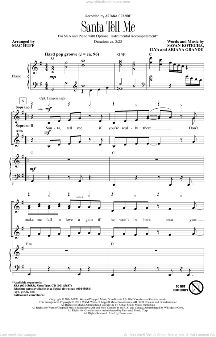 Santa Tell Me (Arr. Mac Huff) sheet music for choir (SSA: soprano, alto) by Ariana Grande, Mac Huff, Ilya and Savan Kotecha, intermediate skill level