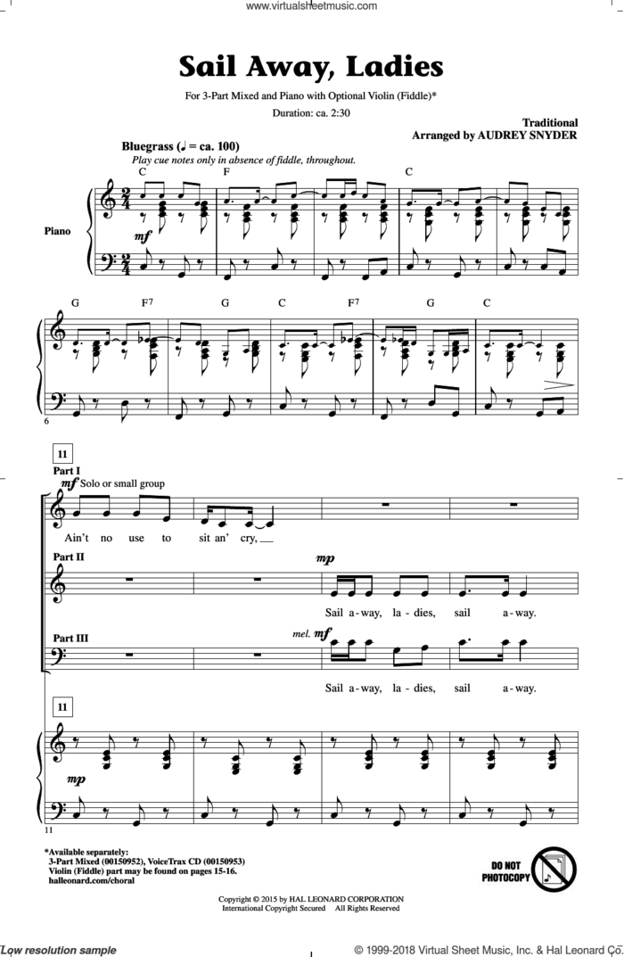 Sail Away Ladies sheet music for choir (3-Part Mixed) by Audrey Snyder, intermediate skill level