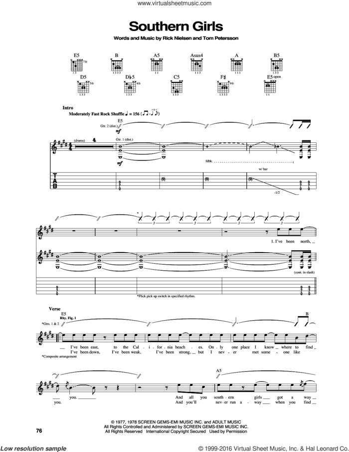 Southern Girls sheet music for guitar (tablature) by Cheap Trick, Rick Nielsen and Tom Petersson, intermediate skill level