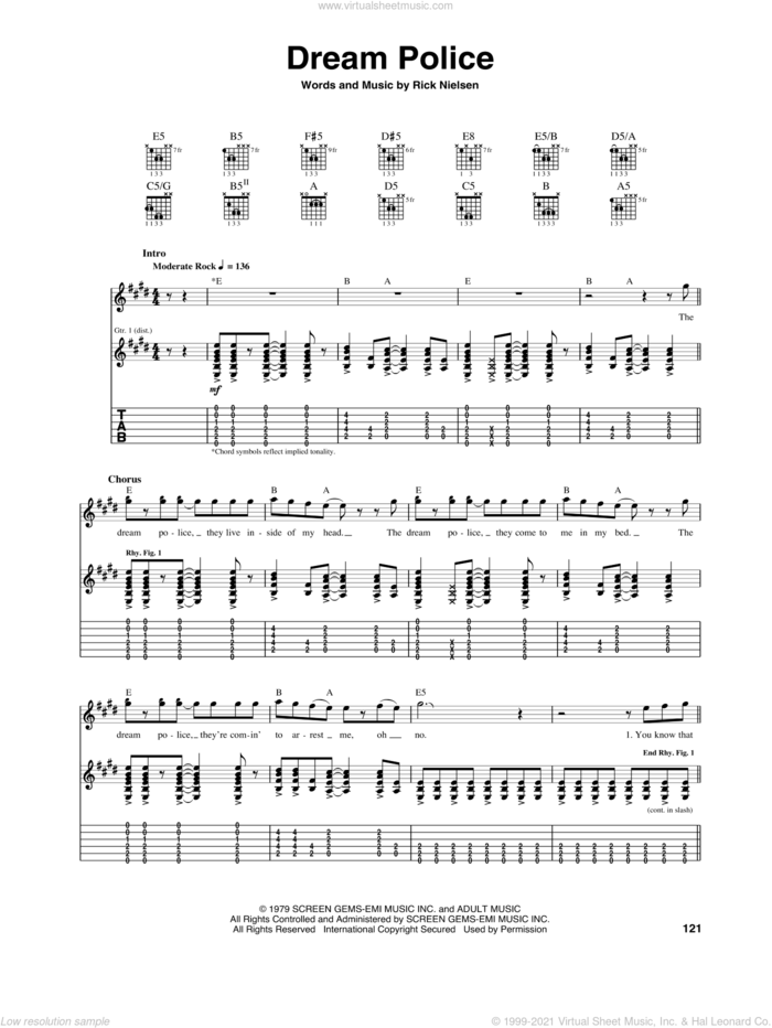 Dream Police sheet music for guitar (tablature) by Cheap Trick and Rick Nielsen, intermediate skill level