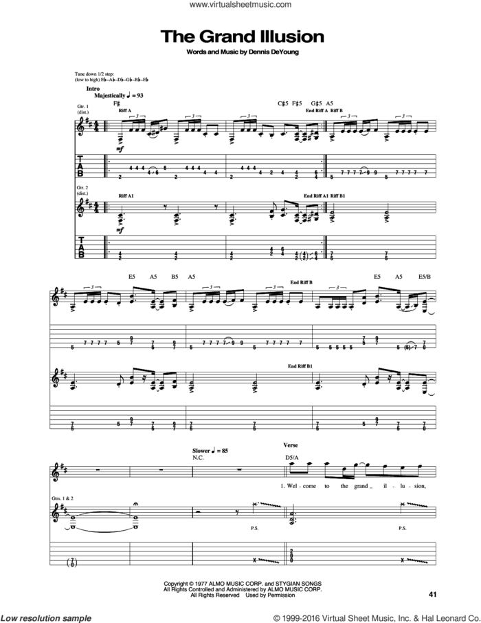 The Grand Illusion sheet music for guitar (tablature) by Styx and Dennis DeYoung, intermediate skill level