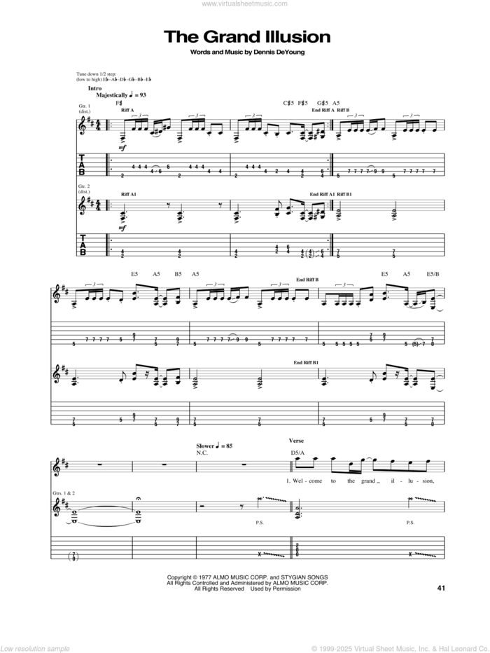 The Grand Illusion sheet music for guitar (tablature) by Styx and Dennis DeYoung, intermediate skill level