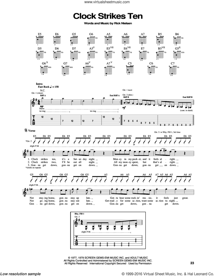 Clock Strikes Ten sheet music for guitar (tablature) by Cheap Trick and Rick Nielsen, intermediate skill level
