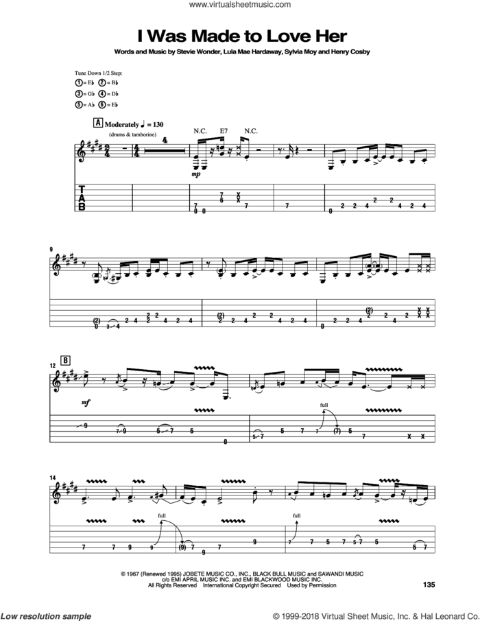 I Was Made To Love Her sheet music for guitar (tablature) by Stevie Wonder, Jimi Hendrix, Henry Cosby, Lula Mae Hardaway and Sylvia Moy, intermediate skill level