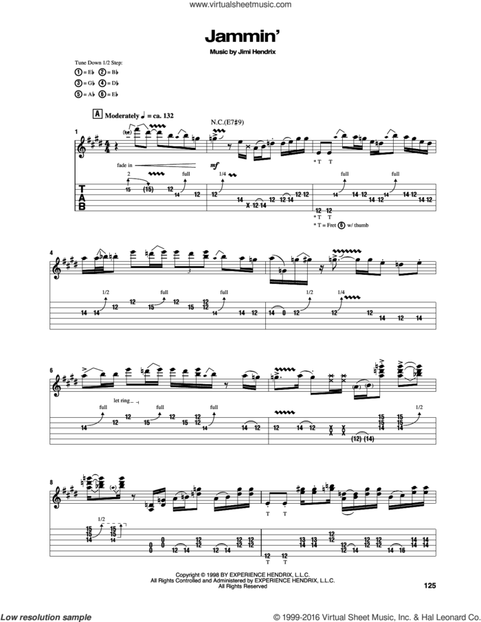 Jammin' sheet music for guitar (tablature) by Jimi Hendrix, intermediate skill level