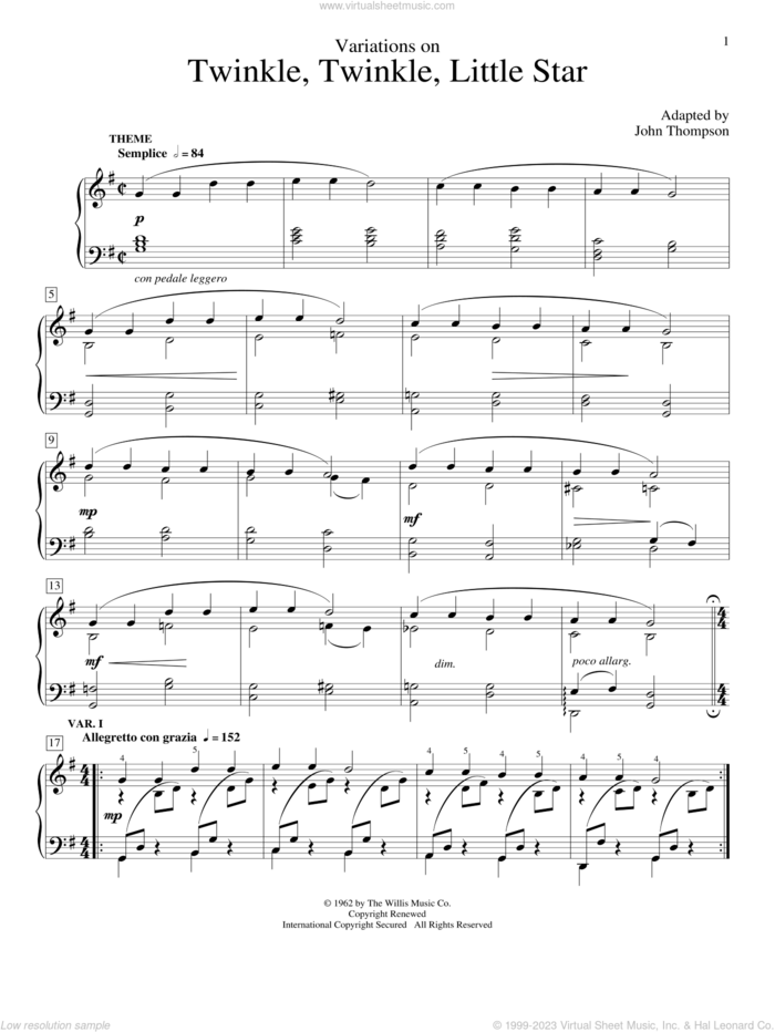 Variations On Twinkle, Twinkle, Little Star sheet music for piano solo (elementary) by John Thompson, beginner piano (elementary)