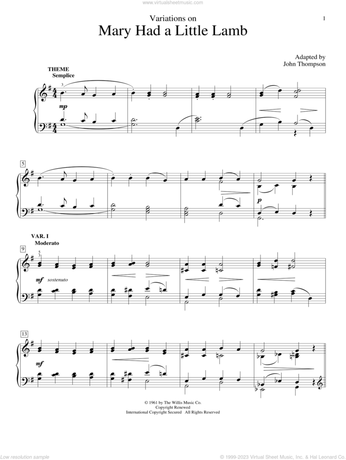 Variations On Mary Had A Little Lamb sheet music for piano solo (elementary) by John Thompson, beginner piano (elementary)