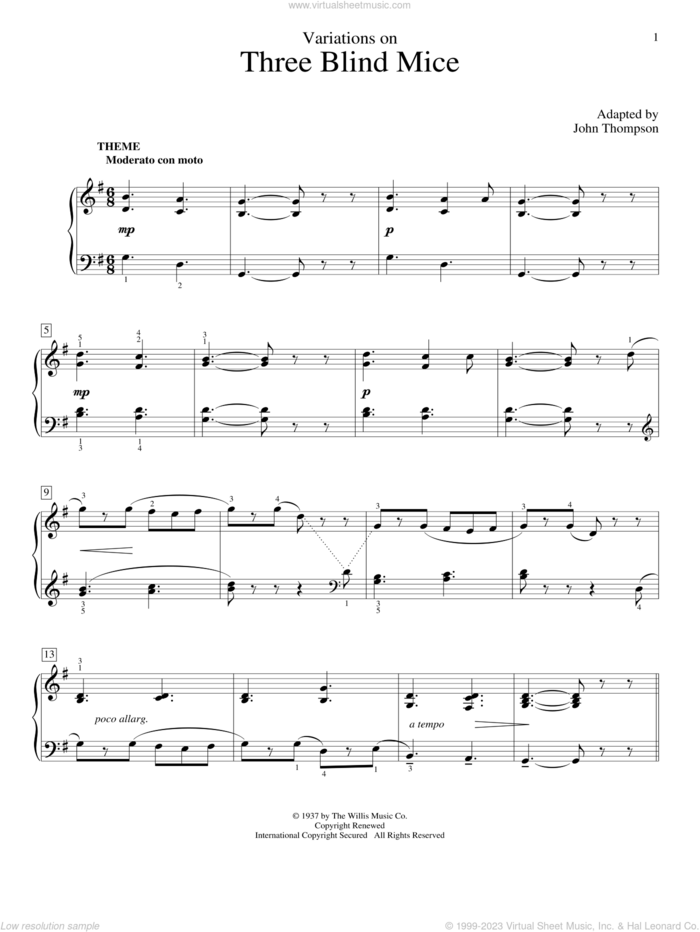Variations On Three Blind Mice sheet music for piano solo (elementary) by John Thompson, beginner piano (elementary)