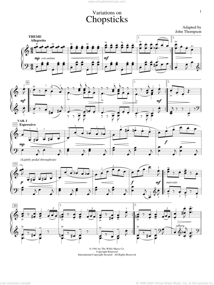 Variations On Chopsticks sheet music for piano solo (elementary) by John Thompson, beginner piano (elementary)