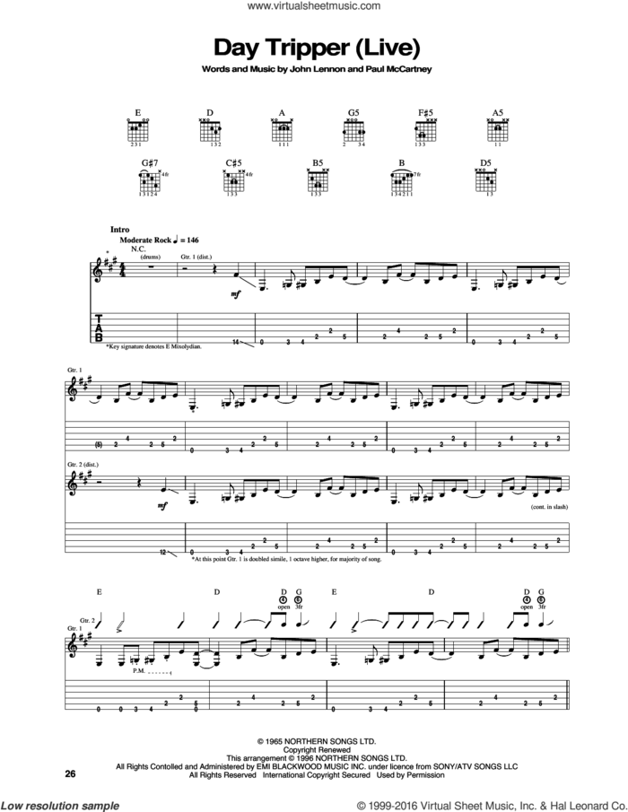 Day Tripper sheet music for guitar (tablature) by Paul McCartney, Jimi Hendrix, The Beatles and John Lennon, intermediate skill level