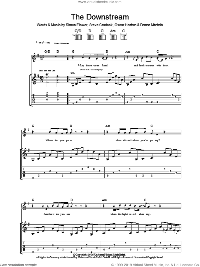 The Downstream sheet music for guitar (tablature) by Ocean Colour Scene, Damon Minchella, Oscar Harrison, Simon Fowler and Steve Cradock, intermediate skill level