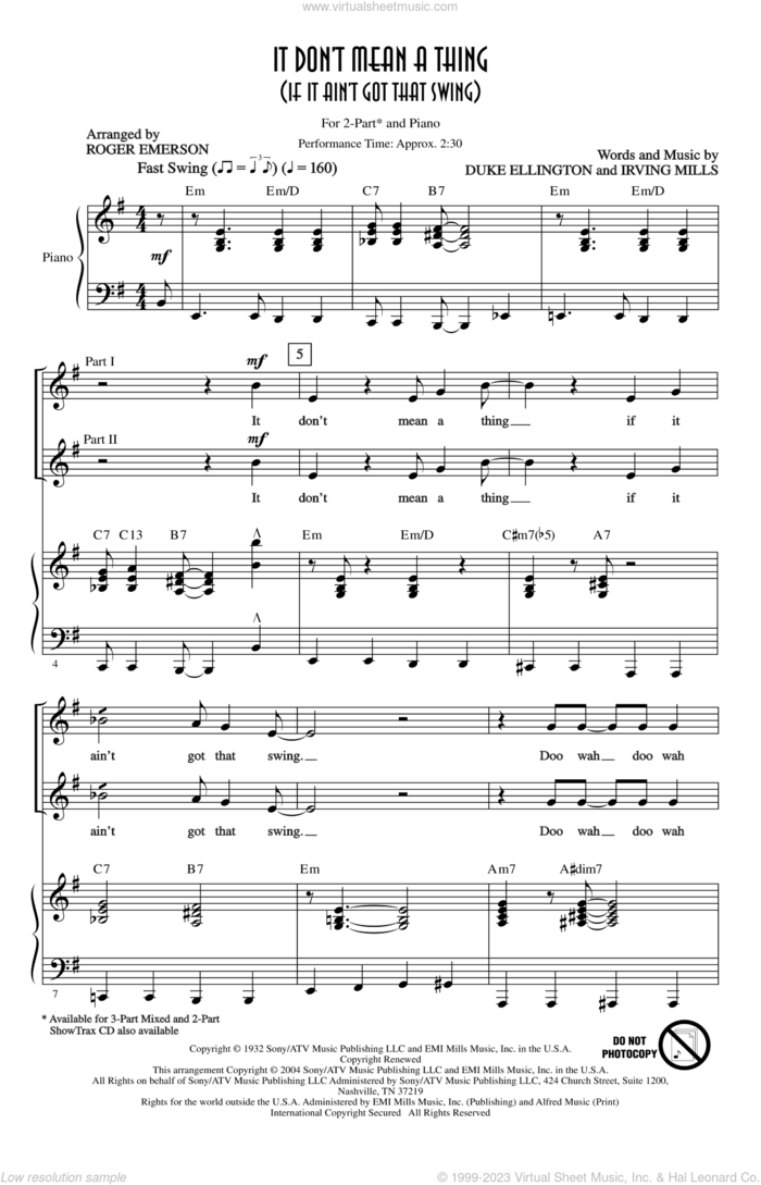 It Don't Mean A Thing (If It Ain't Got That Swing) sheet music for choir (2-Part) by Duke Ellington, Roger Emerson and Irving Mills, intermediate duet