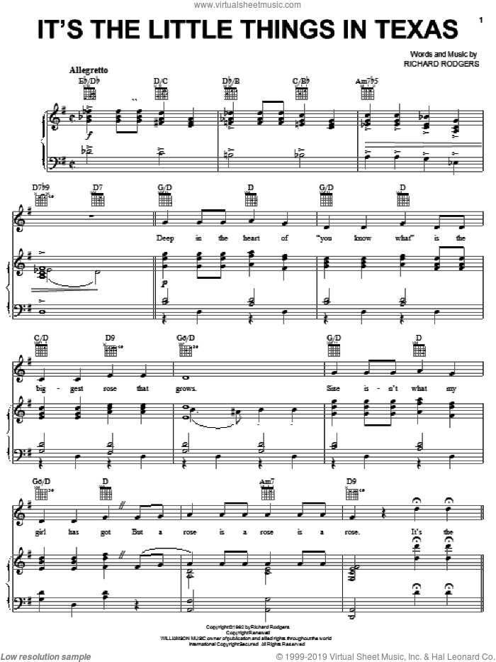 It's The Little Things In Texas sheet music for voice, piano or guitar by Rodgers & Hammerstein, Hammerstein, Rodgers & and Richard Rodgers, intermediate skill level