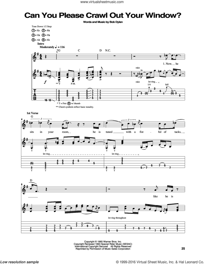 Can You Please Crawl Out Your Window? sheet music for guitar (tablature) by Jimi Hendrix and Bob Dylan, intermediate skill level